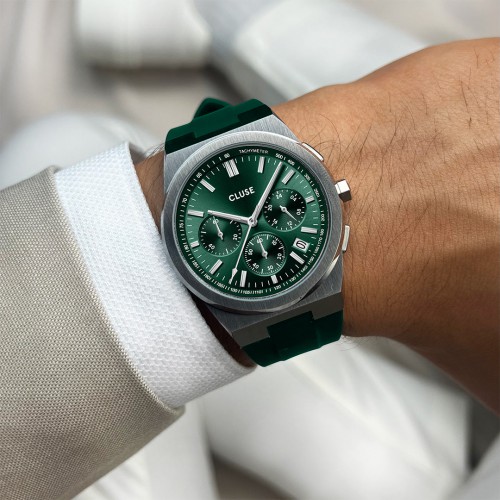 Vigoureux Chrono Watch Silicone Green, Silver Colour 